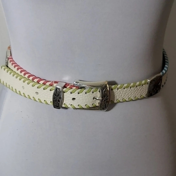 Brighton White Leather Belt Whipstitched‎ with various colors silver hard S/M - Picture 2 of 9